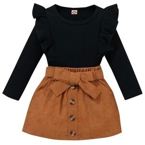 Girls Black Ruffle‎ Ribbed Bodysuit and Tan Corduroy Skirt Set 12-18M with Belt